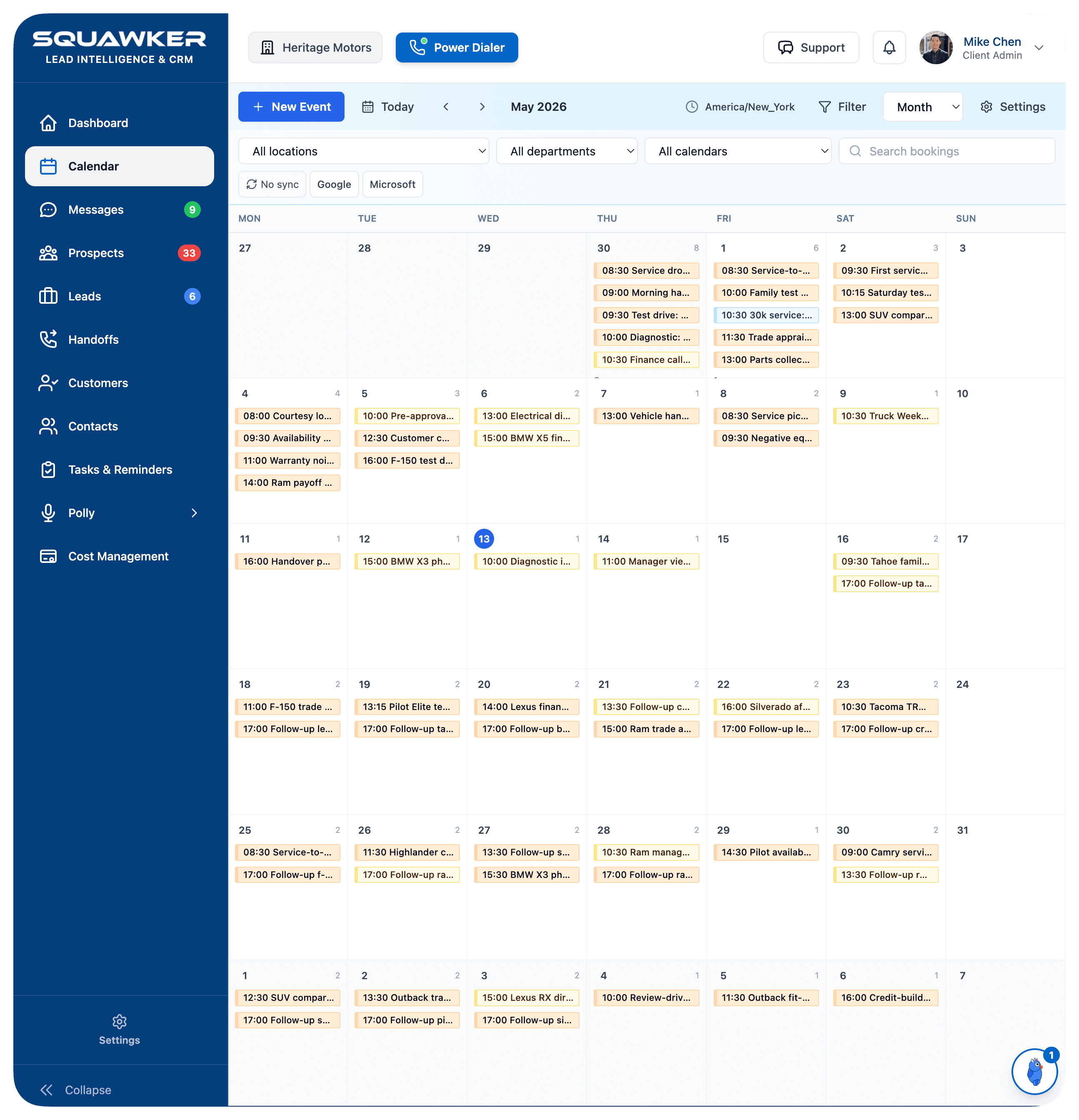 Squawker calendar showing scheduled work, appointments, tasks, and monthly follow-up activity.
