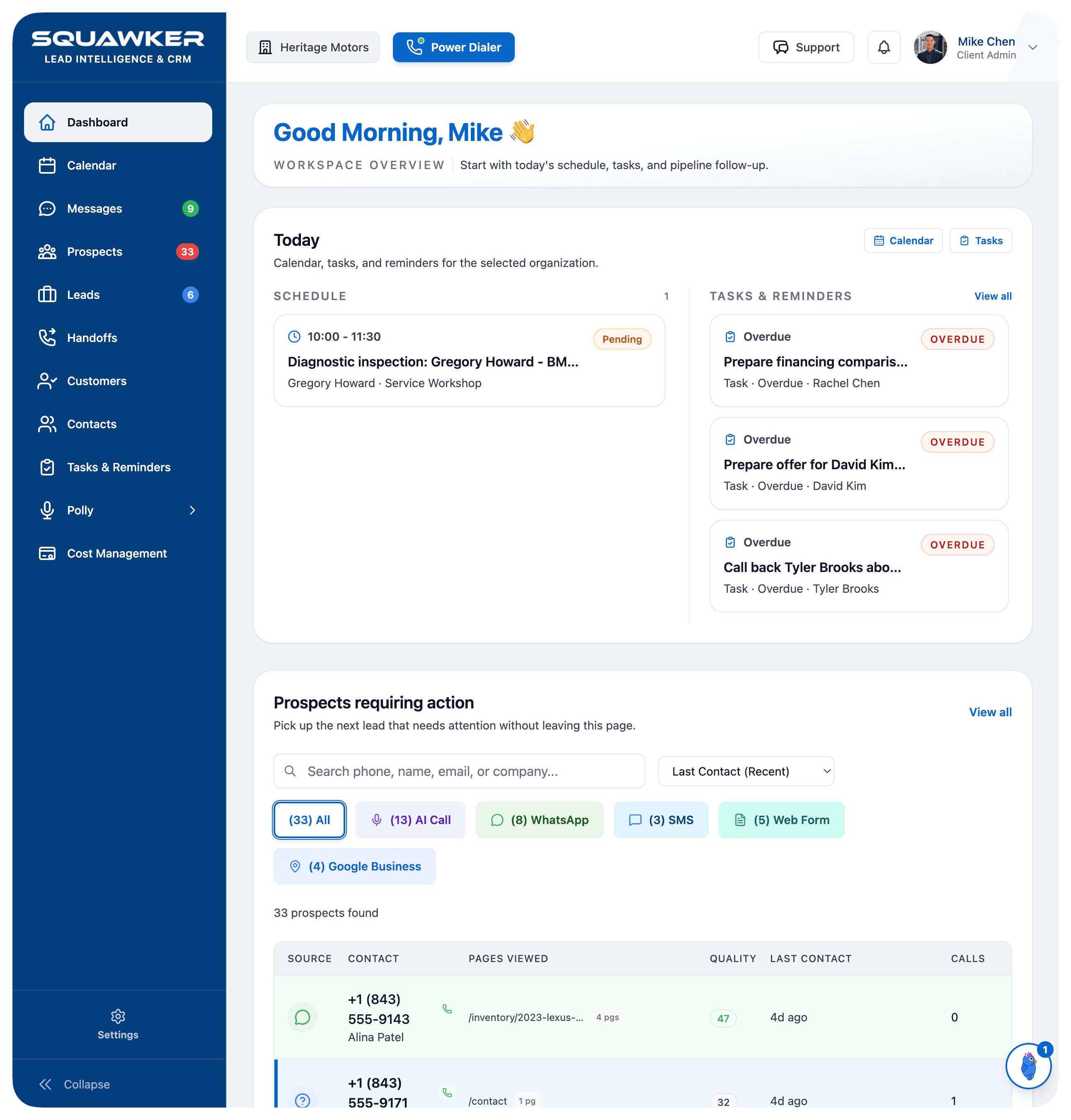 Squawker dashboard showing calendar work, overdue tasks, message counts, prospects, and live follow-up across the workspace.