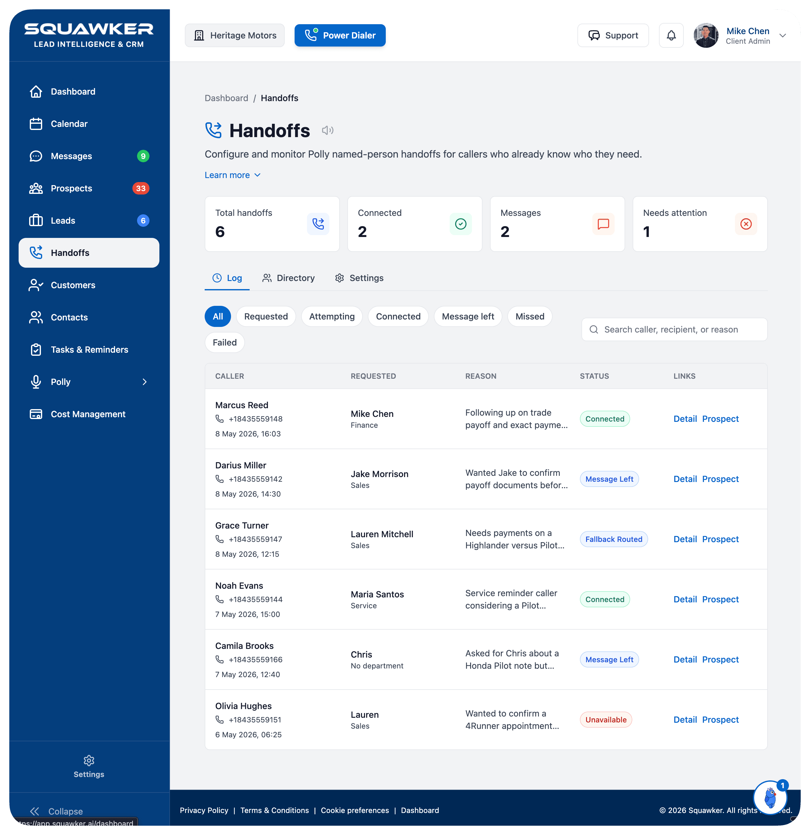 Squawker handoffs view showing caller routing, handoff status, contact details, and linked prospect records.