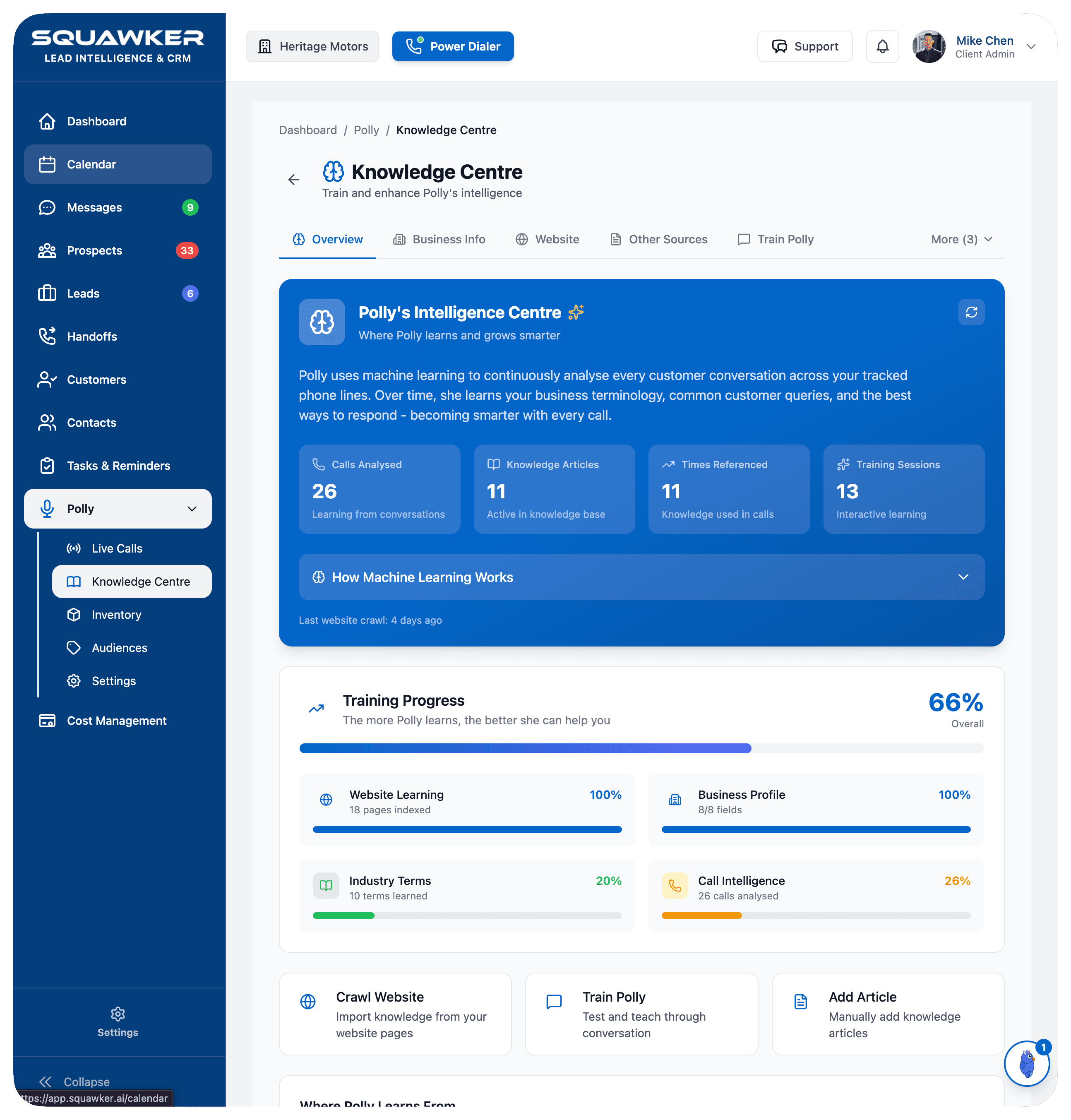 Squawker Knowledge Center showing Polly intelligence configuration, learning progress, website learning, and business profile training.