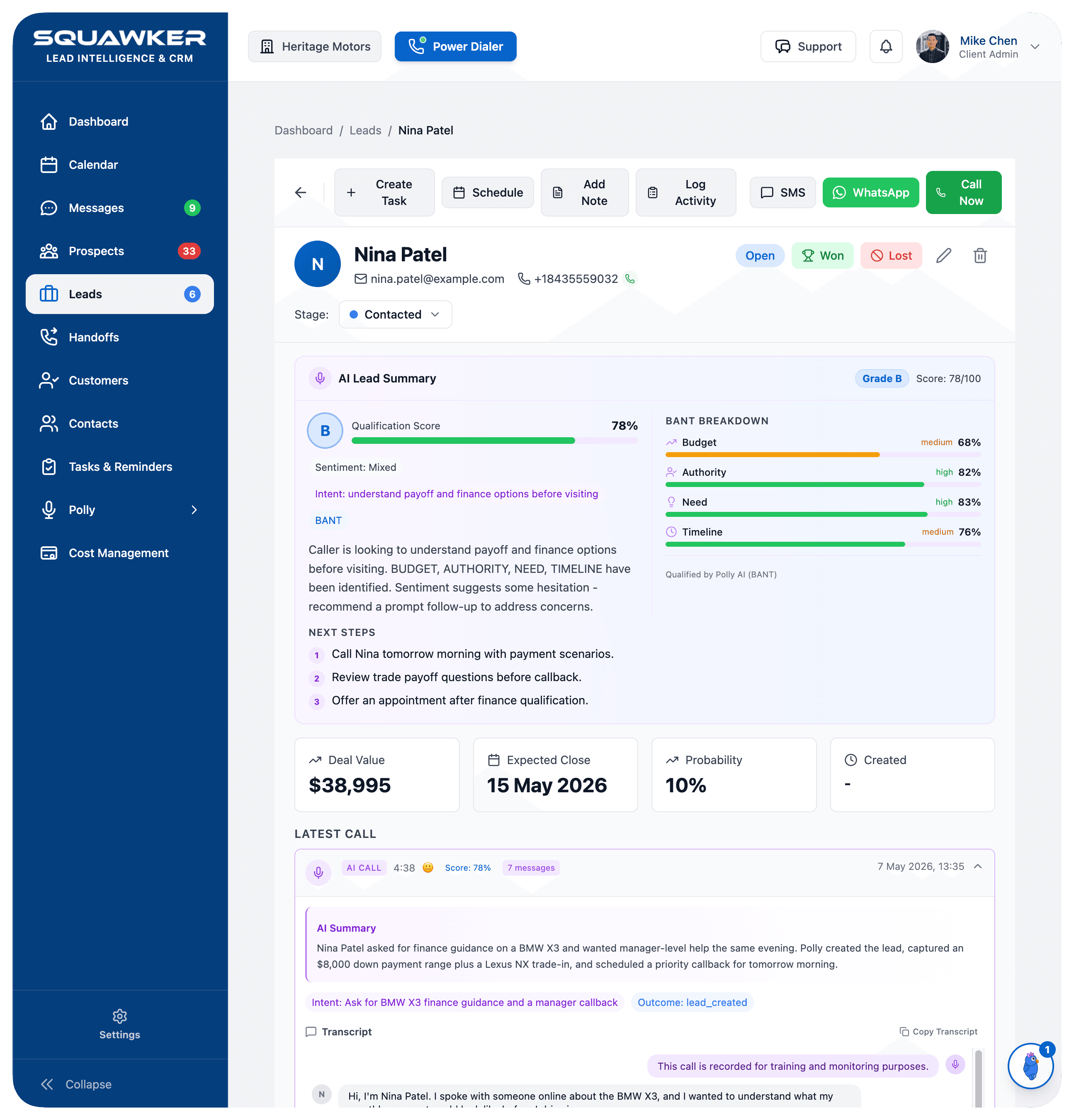 Squawker lead detail view showing an AI lead summary, qualification score, BANT breakdown, next steps, deal value, and latest call context.