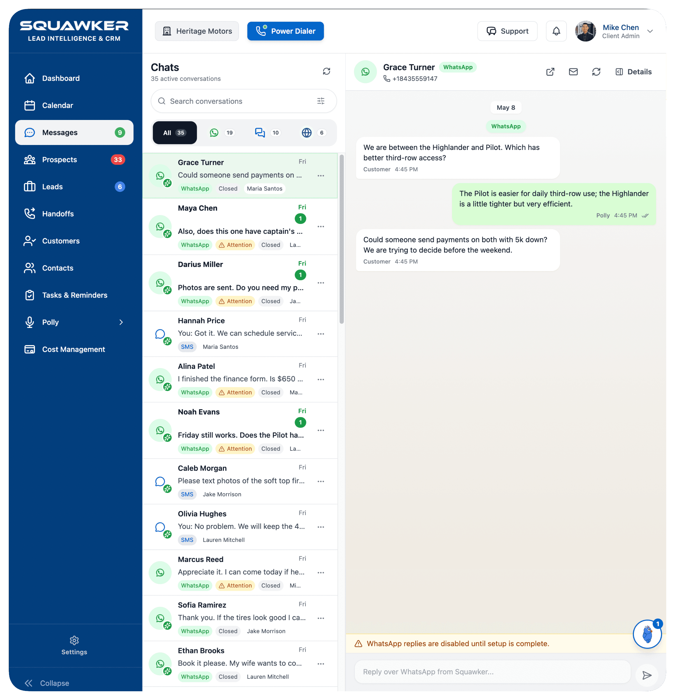 Squawker messages view showing customer threads, inbound conversations, and an active managed message reply.
