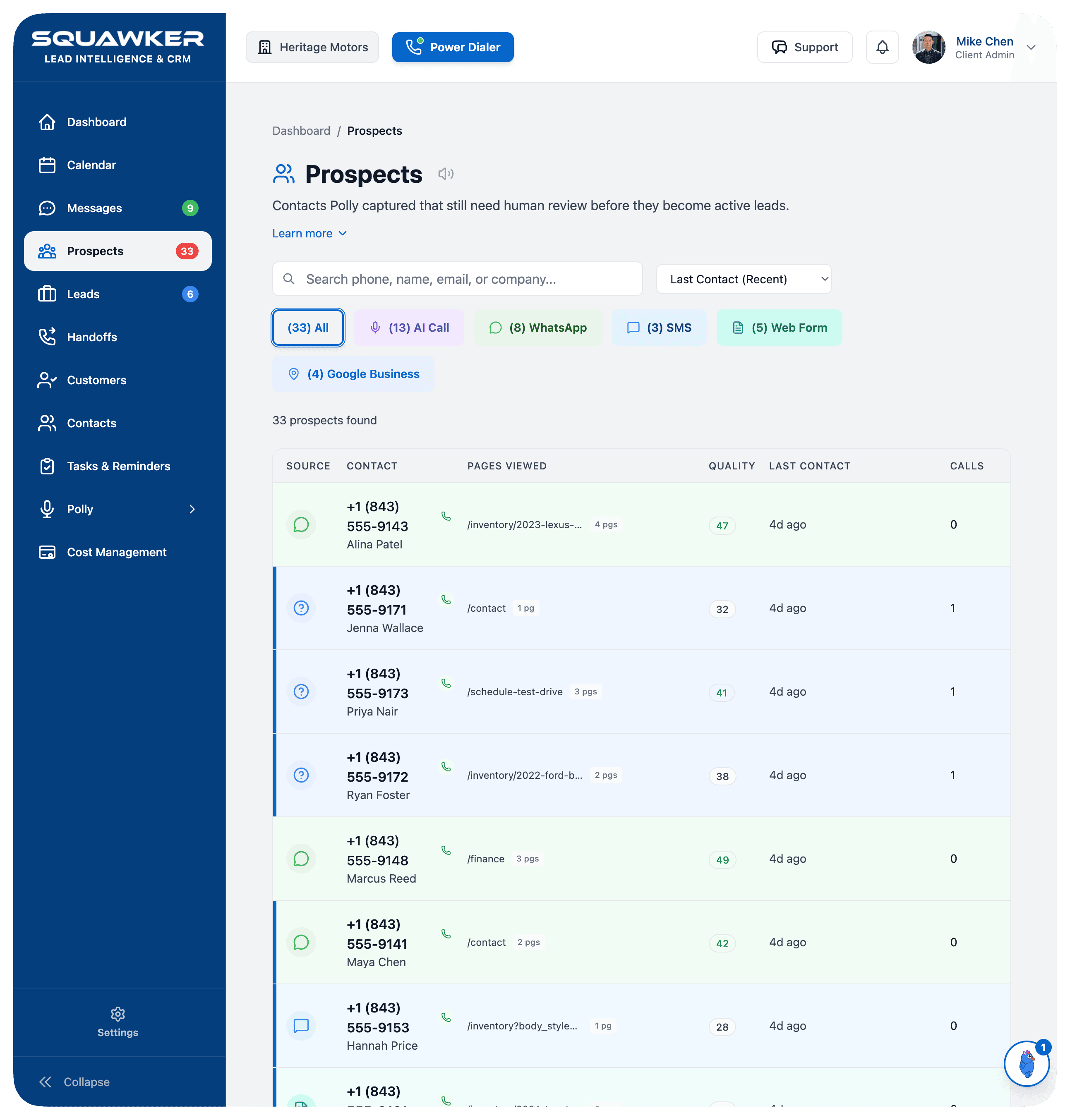 Squawker prospect overview showing prospect sources, quality scores, last contact, calls, and channel filters.
