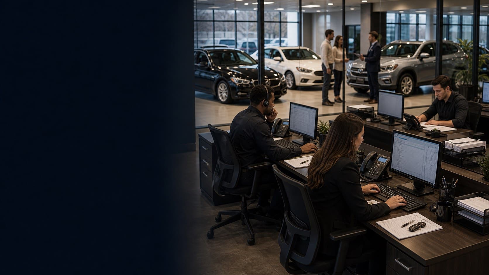 Dealership back office team handling calls while customers speak with staff in the showroom.