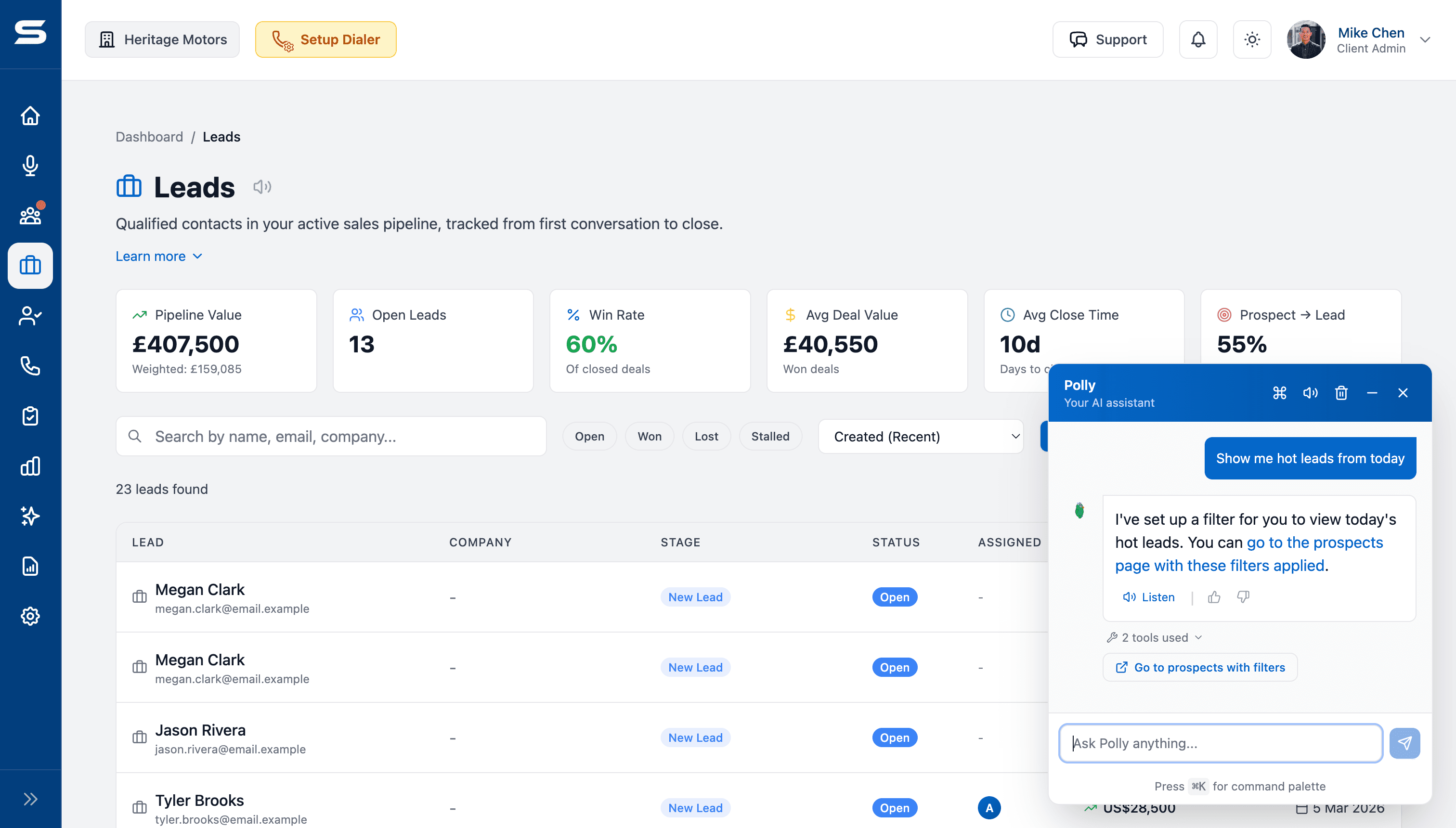 Polly AI voice agent interface showing a live call transcript and captured lead details