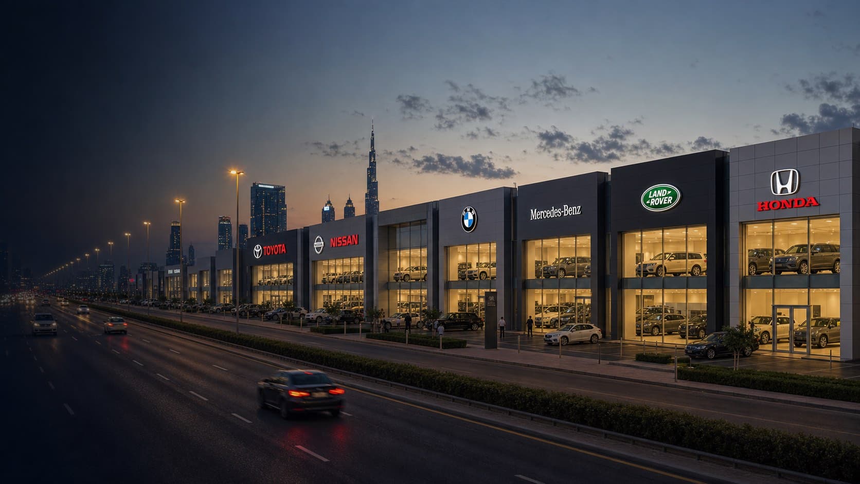 Multi-brand dealership corridor along a Dubai-style road at dusk.