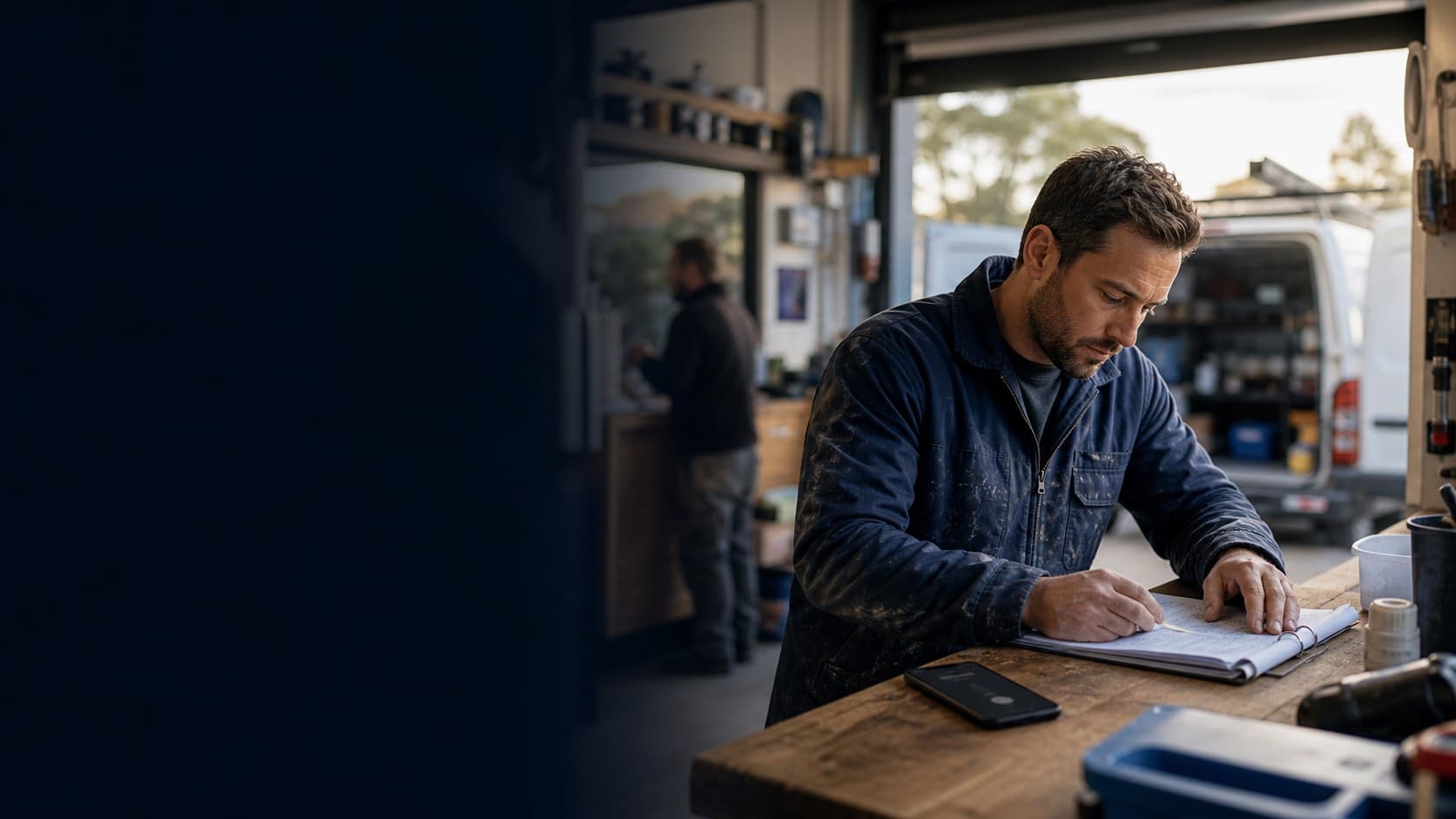 Small business owner working while Polly handles customer calls.
