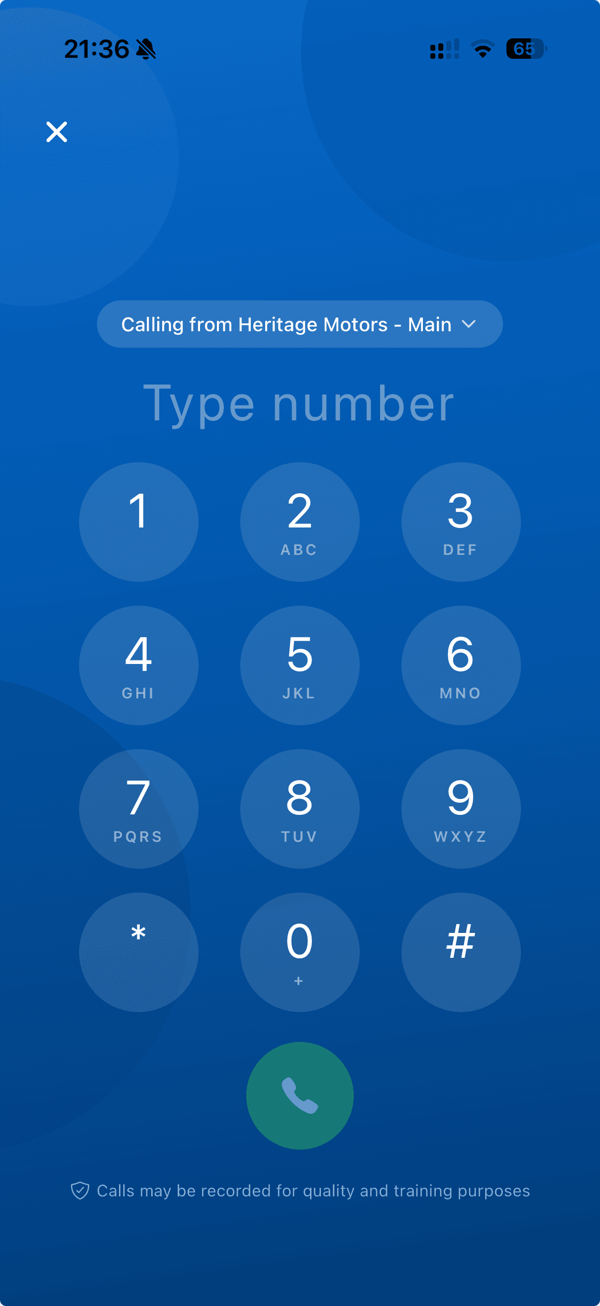 Mobile dialer screen showing call actions connected to a customer record.