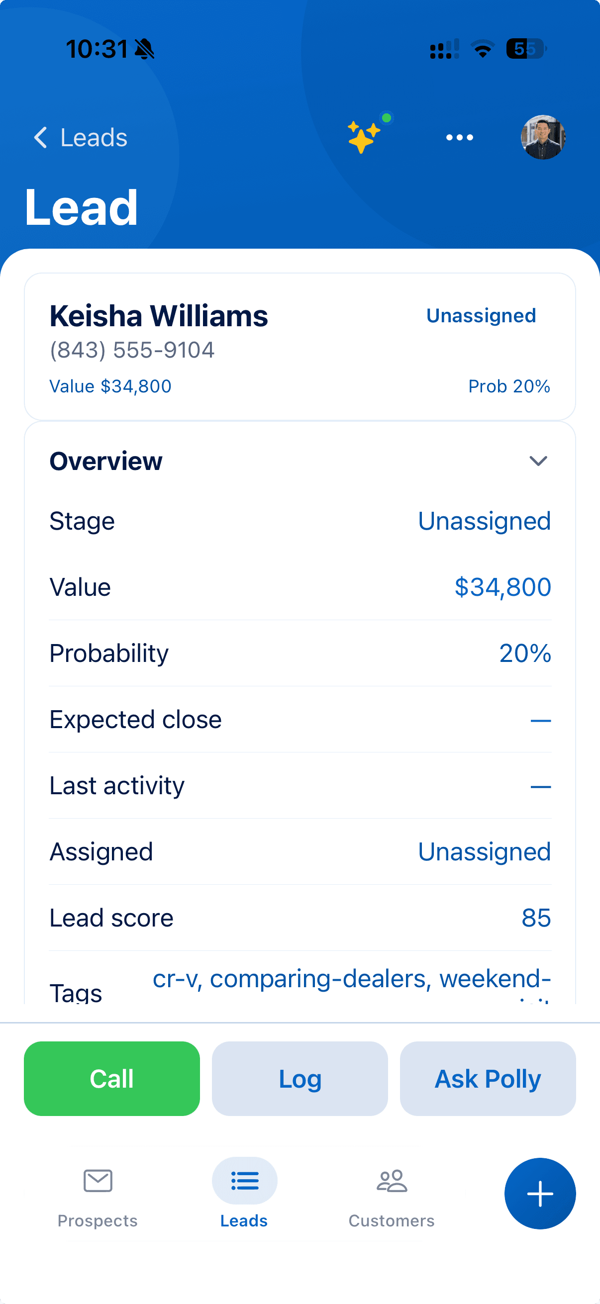 Mobile lead detail screen showing contact information, notes, and next actions for a sales team.