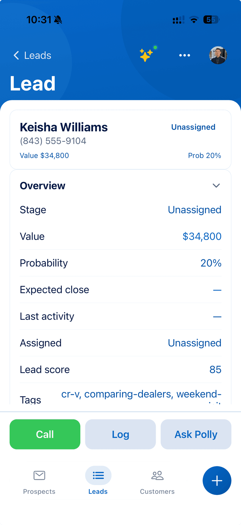 Squawker mobile app - lead detail with activity timeline