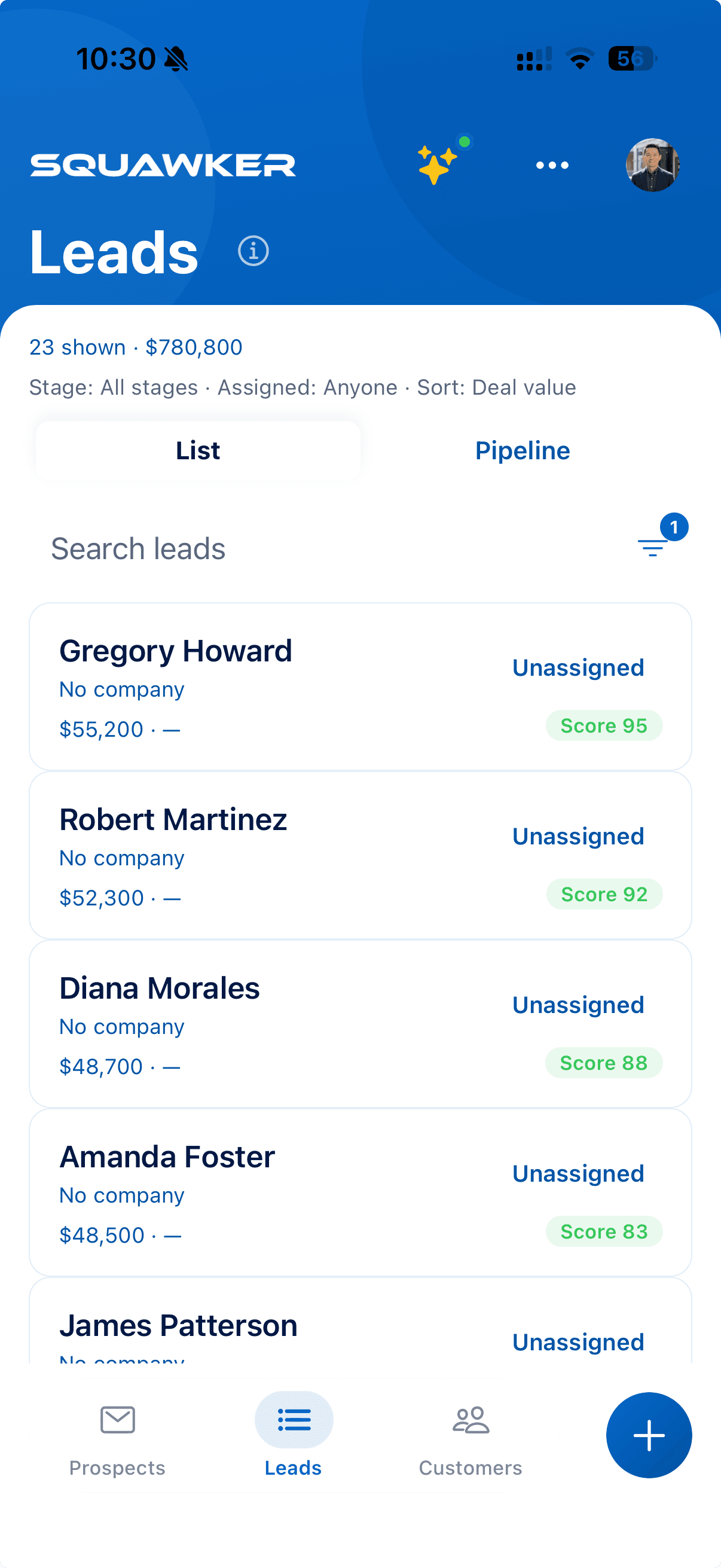 Mobile lead list showing qualified opportunities and status indicators for teams away from the desk.