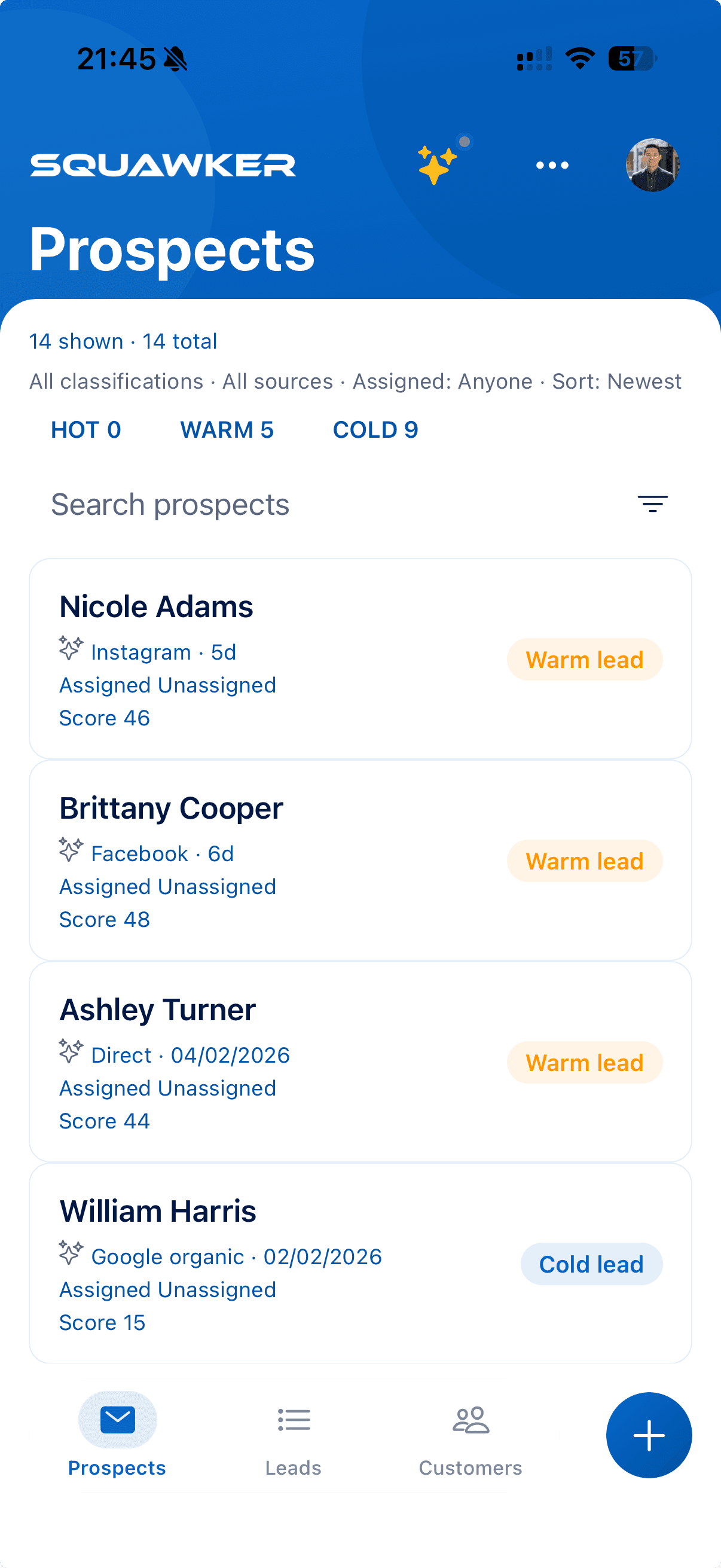Mobile prospect list showing conversation records and follow-up status in the CRM companion.