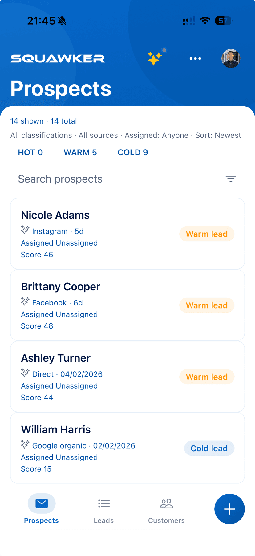 Squawker mobile app - prospect list with AI-qualified leads