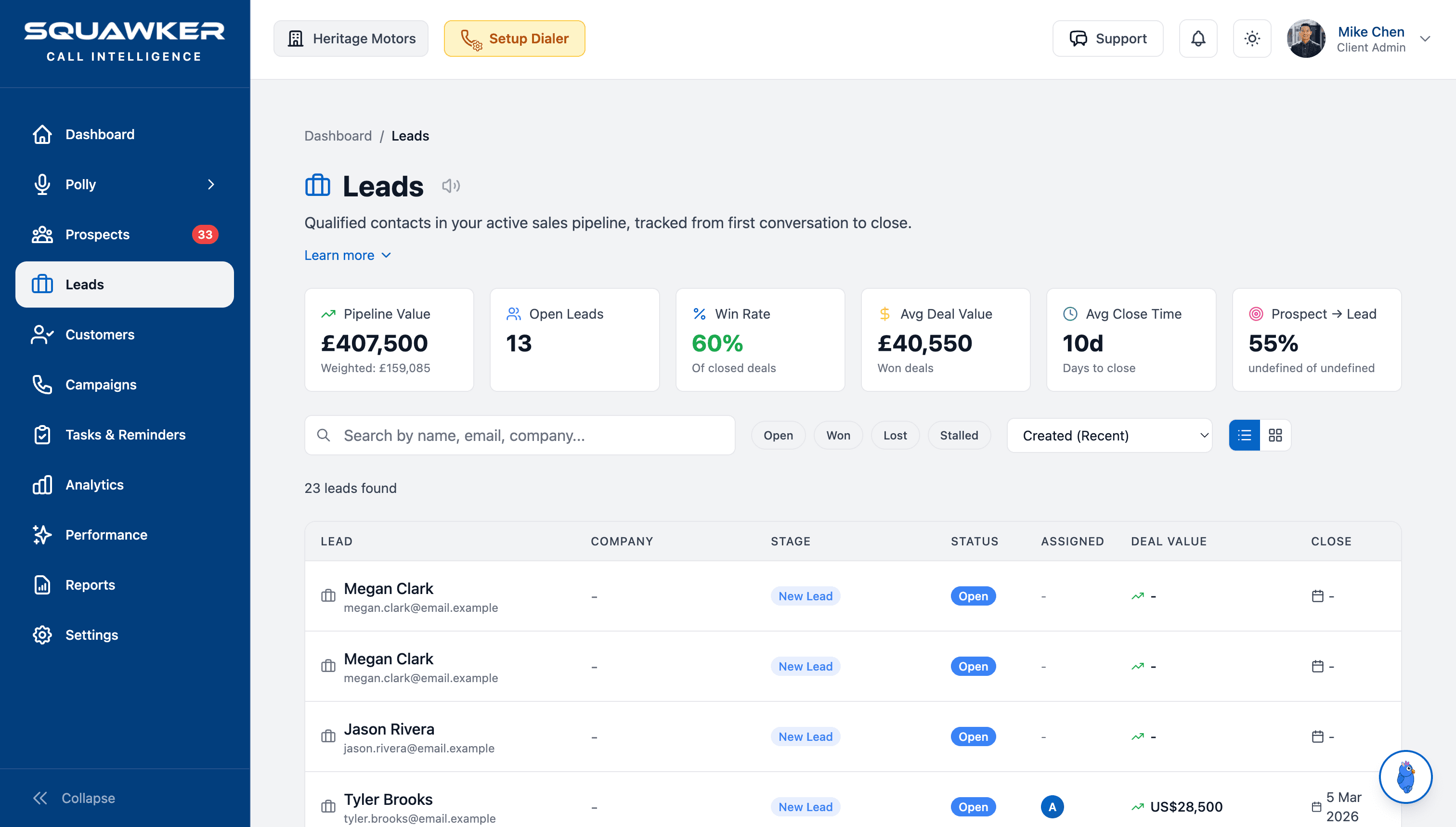 Squawker lead dashboard showing qualified records with owner assignment and sales context.