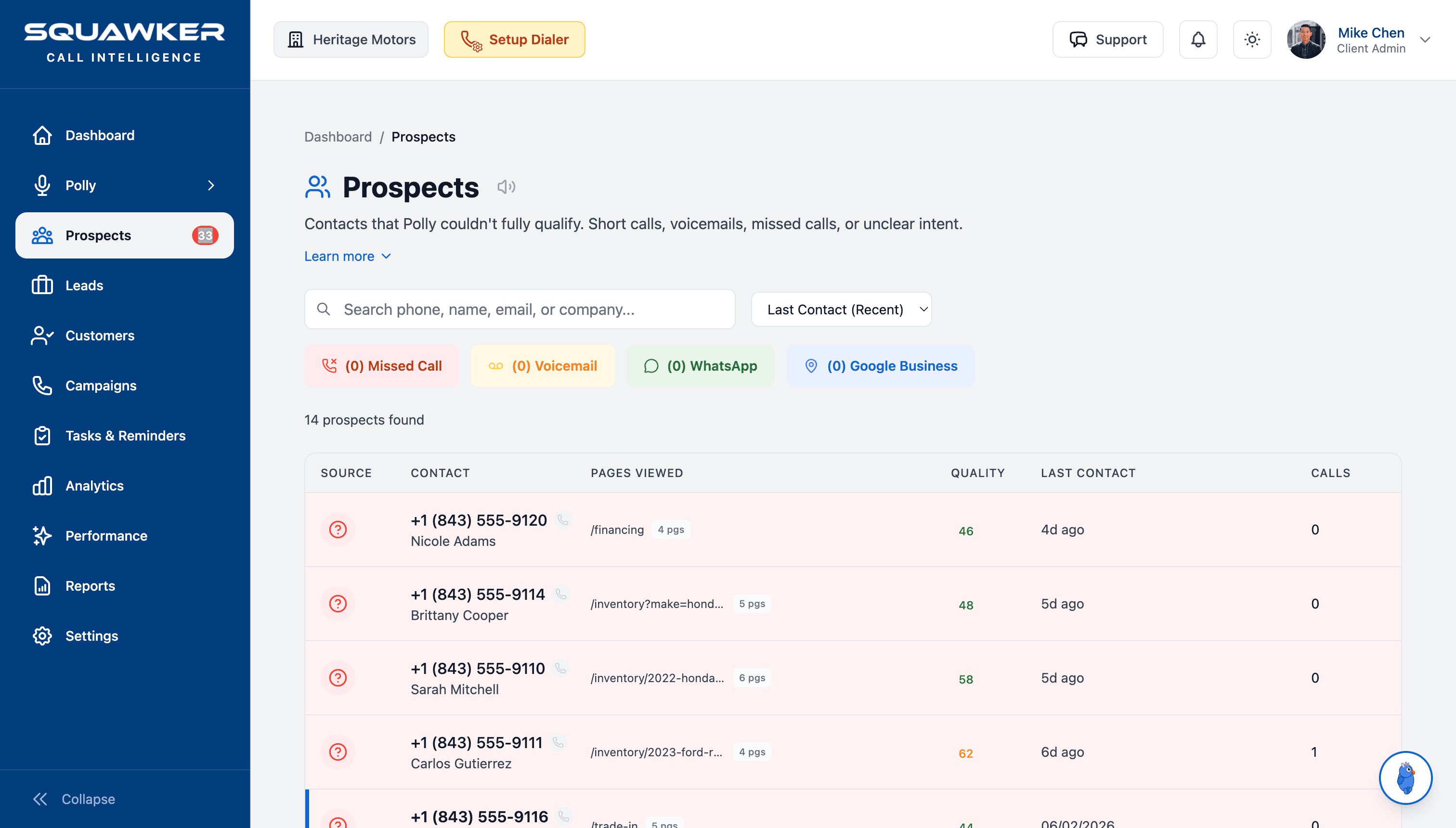 Squawker dashboard showing prospects list and details