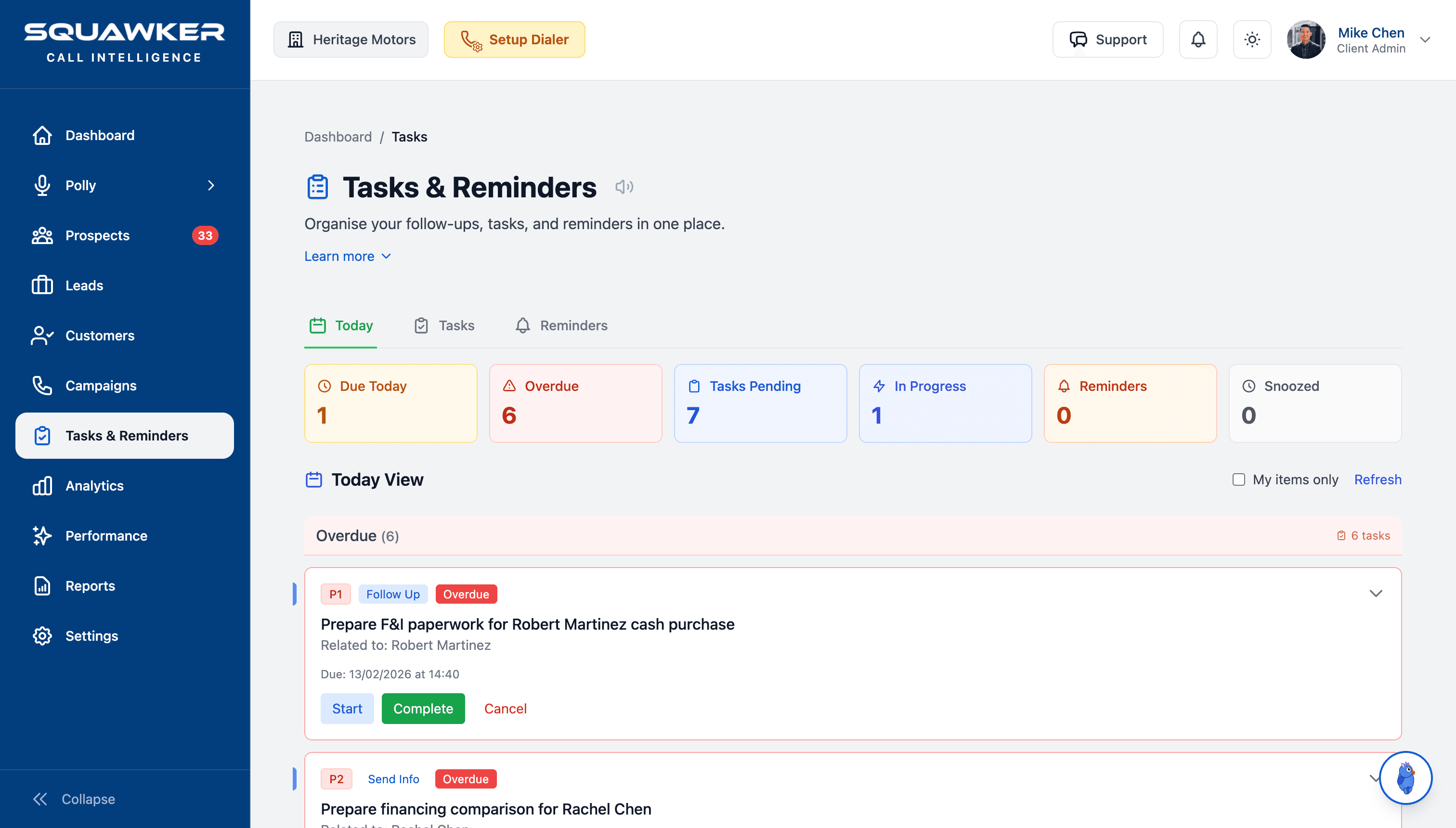 Squawker dashboard showing tasks and follow-ups