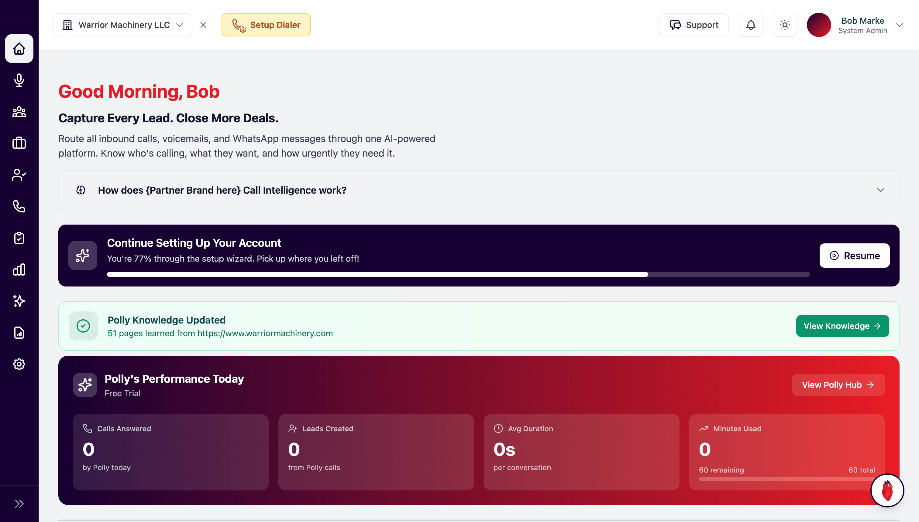 Squawker partner administration view showing white-label configuration and account controls.